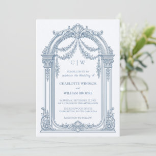 Vintage Baroque Arch Dusty Blue Wedding Invitation