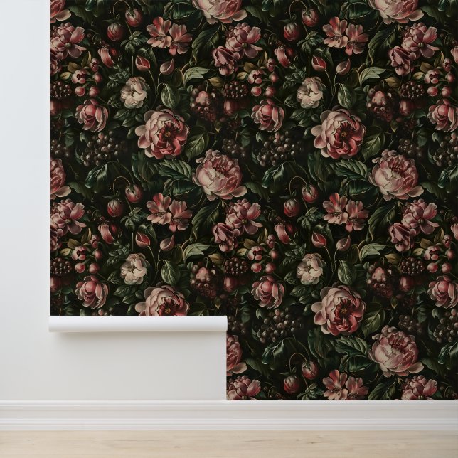 Vintage Baroque Dark Purple Floral Wallpaper (Application)