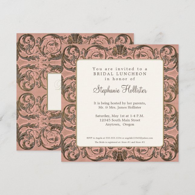 Vintage Baroque Elegant Blush Gold Bridal Shower Invitation (Front/Back)
