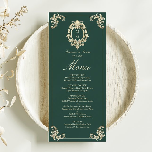 Vintage Baroque Emerald Green Wedding Menu (Creator Uploaded)