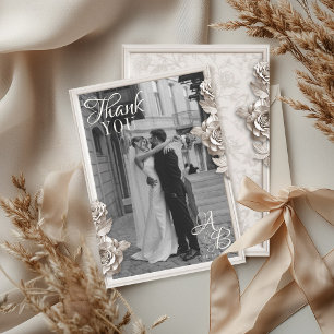 Vintage Baroque Floral Monogram Photo Wedding Thank You Card