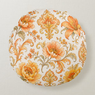 Vintage Baroque Floral Pattern – Warm Orange /Gold Round Cushion
