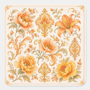 Vintage Baroque Floral Pattern – Warm Orange /Gold Square Sticker