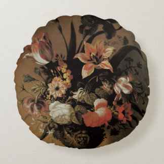 Vintage Baroque, Floral Still Life Flowers in Vase Round Cushion