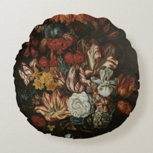 Vintage Baroque, Floral Still Life Flowers in Vase Round Cushion