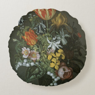 Vintage Baroque, Floral Still Life Flowers in Vase Round Cushion