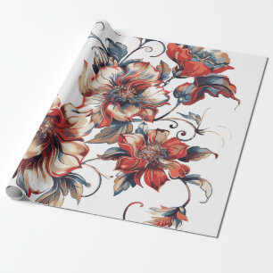 Vintage Baroque Floral Terracotta and Blue Wrapping Paper