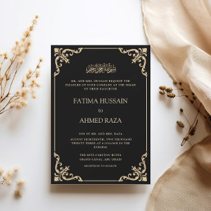 Vintage Baroque Frame Gold Black Nikah Ceremony Invitation