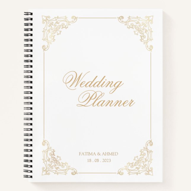 Vintage Baroque Frame Gold Script Wedding Planner Notebook (Front)