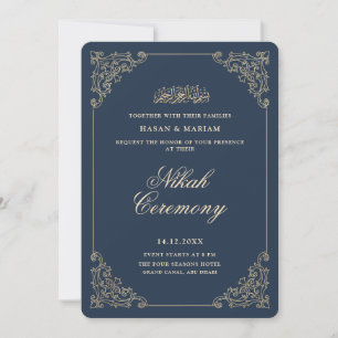 Vintage Baroque Frame Navy Blue Nikah Ceremony Invitation