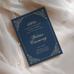 Vintage Baroque Frame Navy Blue Walima Ceremony Invitation