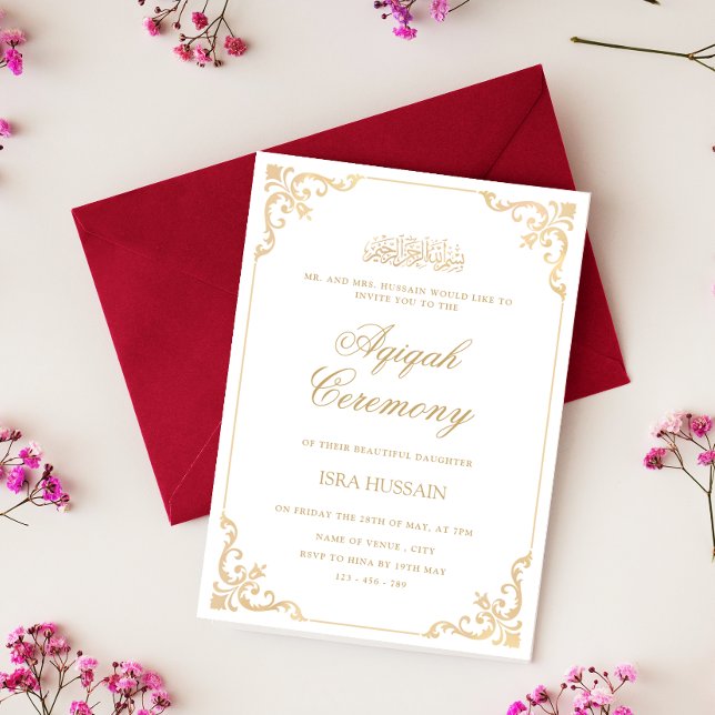 Vintage Baroque Gold Frame Girl Aqiqah Ceremony Invitation (Creator Uploaded)