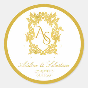 Vintage Baroque Gold Monogram Crest Wedding Classic Round Sticker
