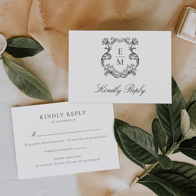Vintage Baroque Monogram Crest Wedding RSVP Card (Creator Uploaded)