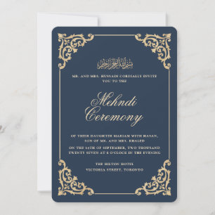 Vintage Baroque Navy Blue Henna Mehndi Ceremony Invitation