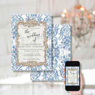 Vintage Baroque Rococo Floral Blue White Wedding Invitation