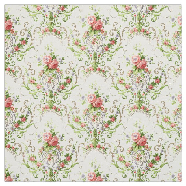 Vintage Baroque Rococo Scrolls & Roses Pattern Fabric (Swatch)