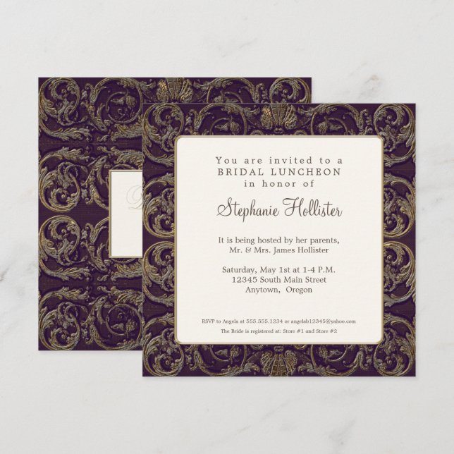 Vintage Baroque Shell Dark Purple Bridal Shower Invitation (Front/Back)