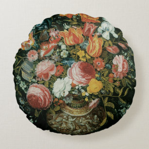 Vintage Baroque Still Life Flowers in a Vase Round Cushion