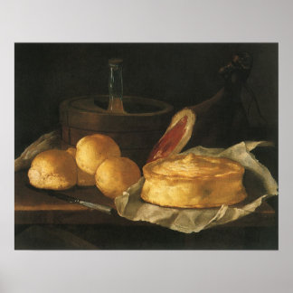 Vintage Baroque Still Life with Bread, Tart, Ham Poster