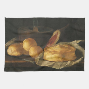 Vintage Baroque Still Life with Bread, Tart, Ham Tea Towel