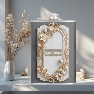 Vintage Baroque Swirls Tulips Grandeur Soft Ivory Hip Flask
