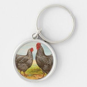 Vintage Barred Plymouth Rock Chickens Keychain