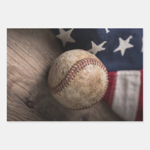 VIntage Baseball and Flag Wrapping Paper Sheet