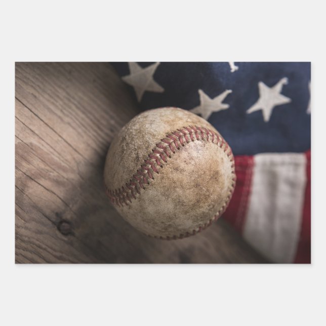 VIntage Baseball and Flag Wrapping Paper Sheet (Front)