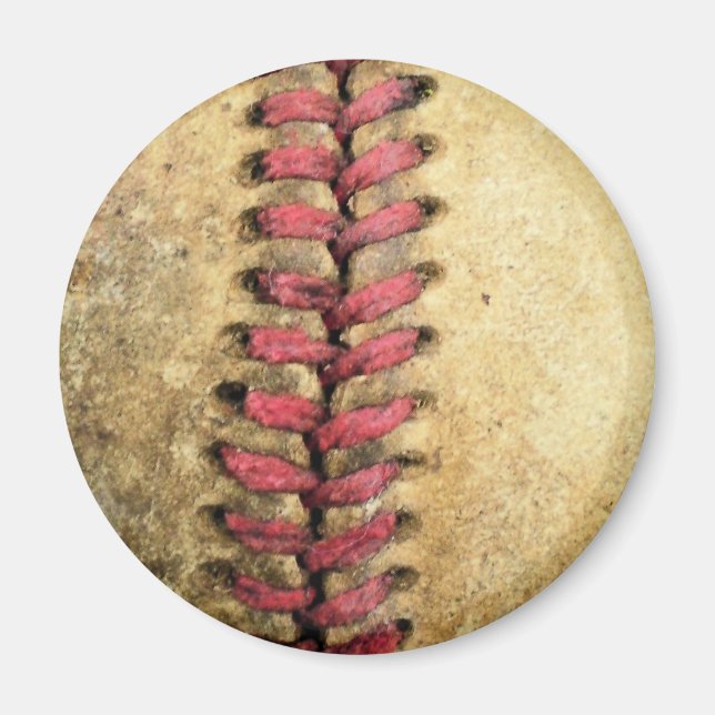 Vintage Baseball Art - Aged Leather & Red Stitch Magnet (Front)