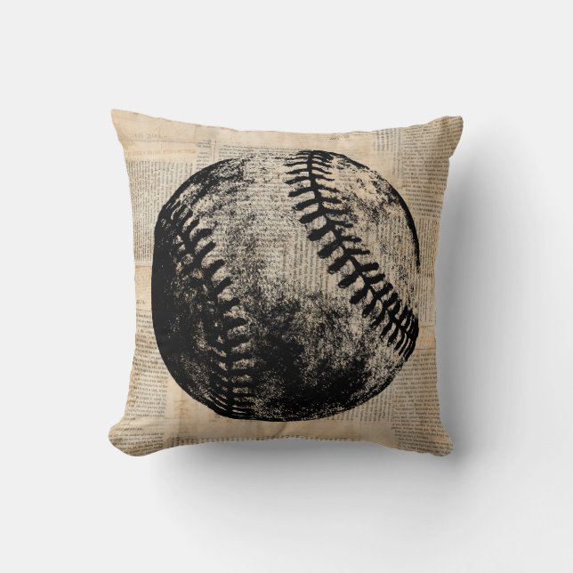 Vintage Baseball Art Illustration Newspaper Style Cushion (Front)