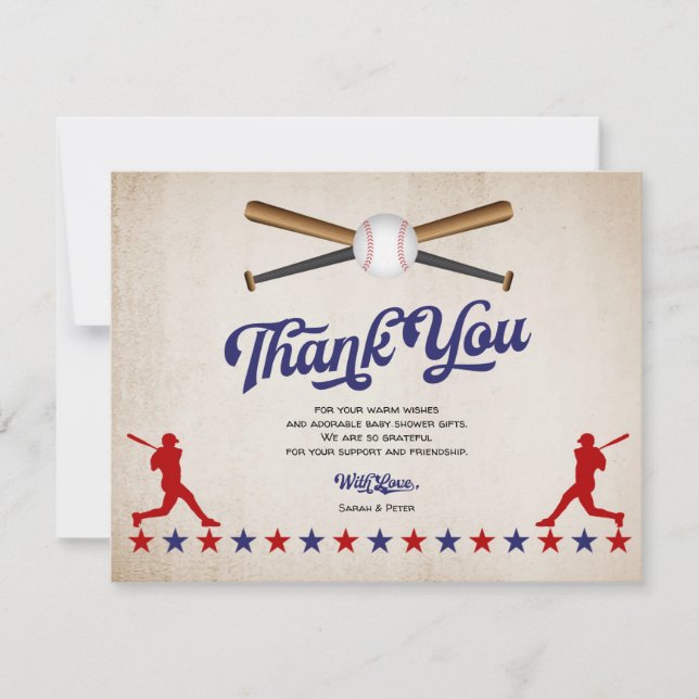 Vintage Baseball, Baby Boy Shower Thank You Card (Front)