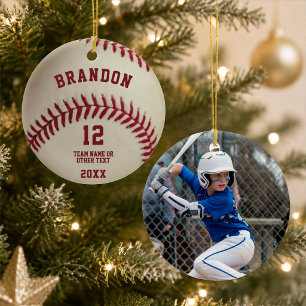 Vintage Baseball Ball Stitching Photo Personalised Ceramic Tree Decoration