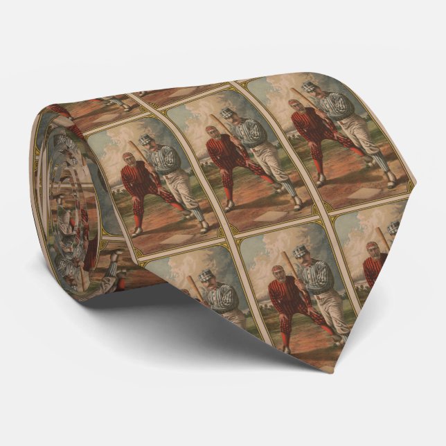 Vintage Baseball Batter and Catcher Illustration Tie (Rolled)