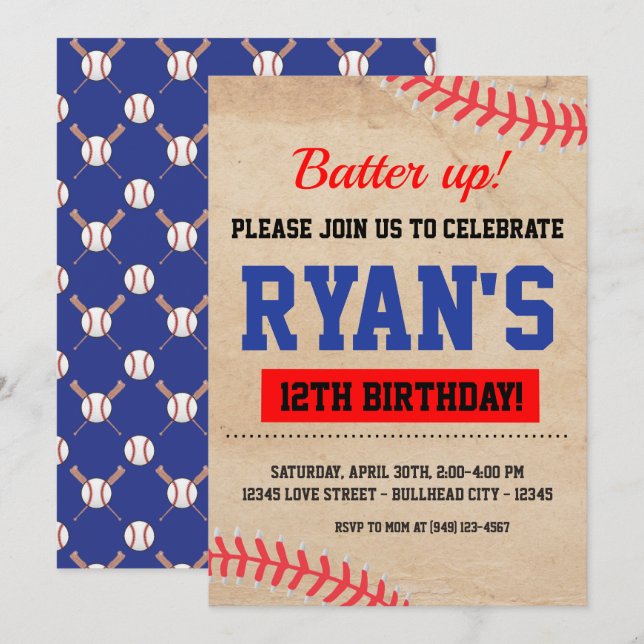 Vintage Baseball Batter Up Boy's Birthday Invitation (Front/Back)