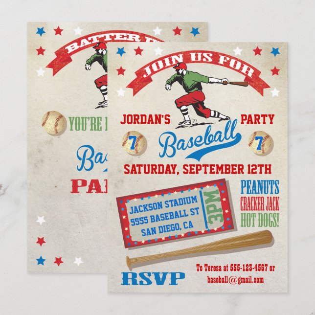 Vintage Baseball birthday party invitations (Front/Back)