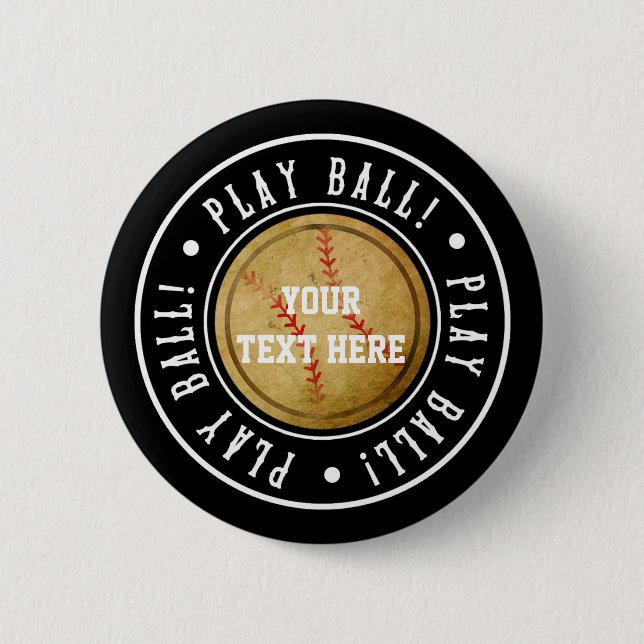 Vintage BASEBALL Black PLAY BALL Party Pin BUTTON (Front)