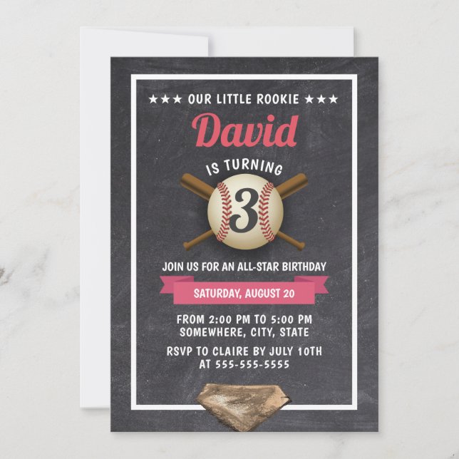 Vintage Baseball Boy All Star Birthday Chalkboard Invitation (Front)