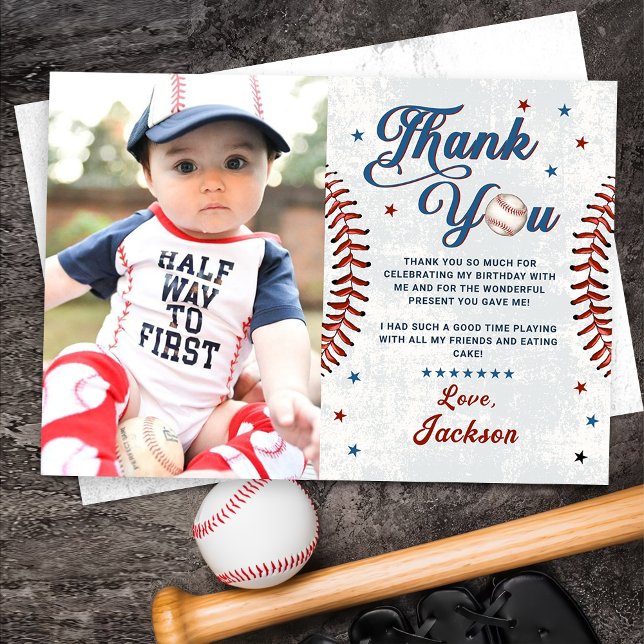 Vintage Baseball Boy Birthday Photo Thank You Card (Creator Uploaded)
