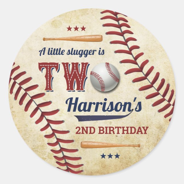 Vintage Baseball Boys 2nd Birthday Classic Round Sticker (Front)