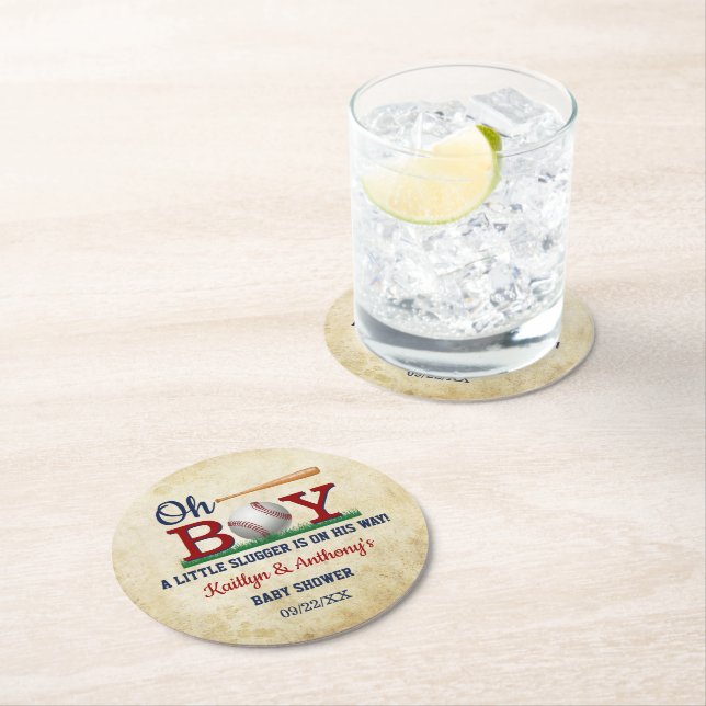 Vintage Baseball Boys Baby Shower Round Paper Coaster (Insitu)