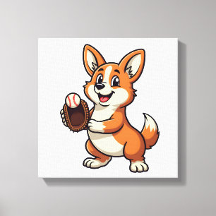 Vintage Baseball Corgi Dog Catcher Cartoon Vector Canvas Print