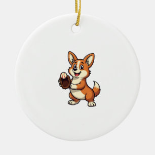 Vintage Baseball Corgi Dog Catcher Cartoon Vector  Ceramic Tree Decoration