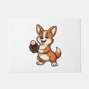 Vintage Baseball Corgi Dog Catcher Cartoon Vector Doormat