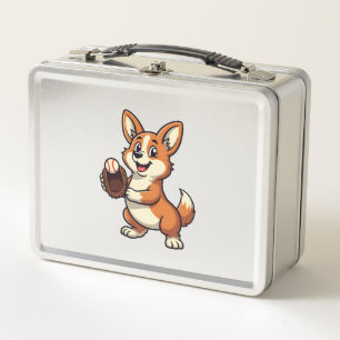 Vintage Baseball Corgi Dog Catcher Cartoon Vector Metal Lunch Box