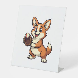 Vintage Baseball Corgi Dog Catcher Cartoon Vector  Pedestal Sign