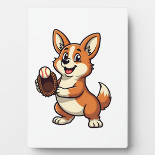 Vintage Baseball Corgi Dog Catcher Cartoon Vector  Plaque