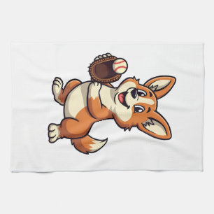 Vintage Baseball Corgi Dog Catcher Cartoon Vector  Tea Towel