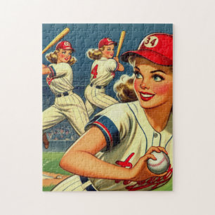 Vintage Baseball Girls Illustration Jigsaw Puzzle