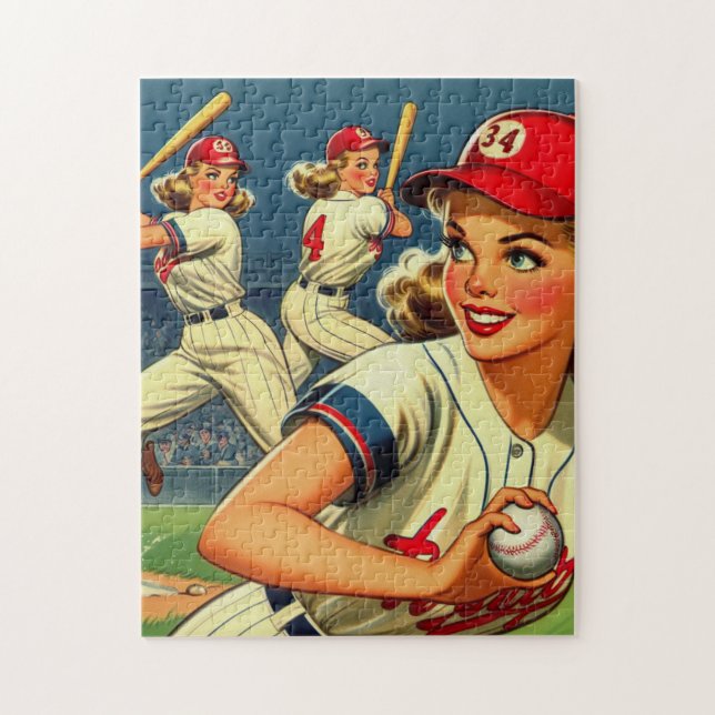 Vintage Baseball Girls Illustration Jigsaw Puzzle (Vertical)